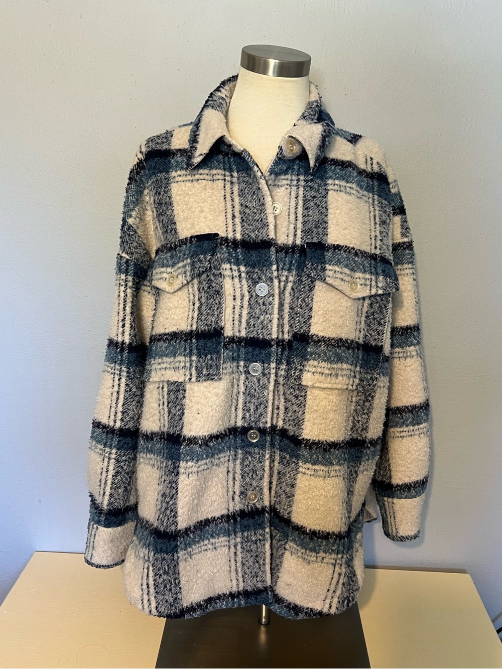 Good American Plaid Shacket in Cream and Blue